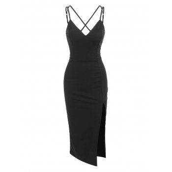 

Strappy Crossover Corset Style High Slit Bodycon Party Dress, Black