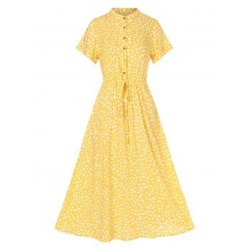 

Drawstring Button Front Spotted Print Midi Dress, Light yellow