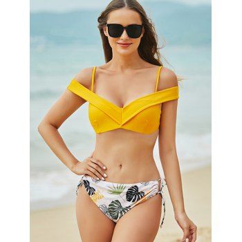 

Cold Shoulder Reversible Leaf Print Tie Bikini Swimwear, Yellow