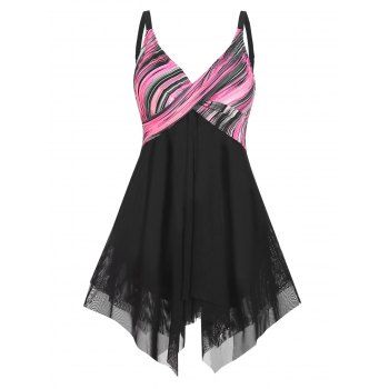 Striped Twisted Mesh Handkerchief Tankini Swimwear, Multicolor