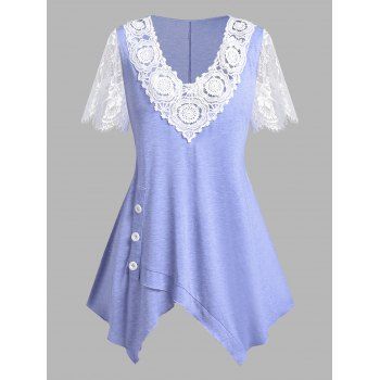 

Plus Size Applique Floral Lace Sleeve Hanky Hem T-shirt, Light purple