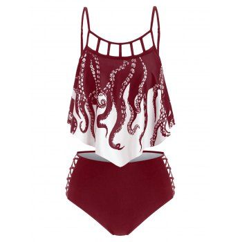 

Tummy Control Swimsuit Gothic Bathing Suit Octopus Print Cut Out Crisscross Summer Beach Tankini Swimwear, Red wine