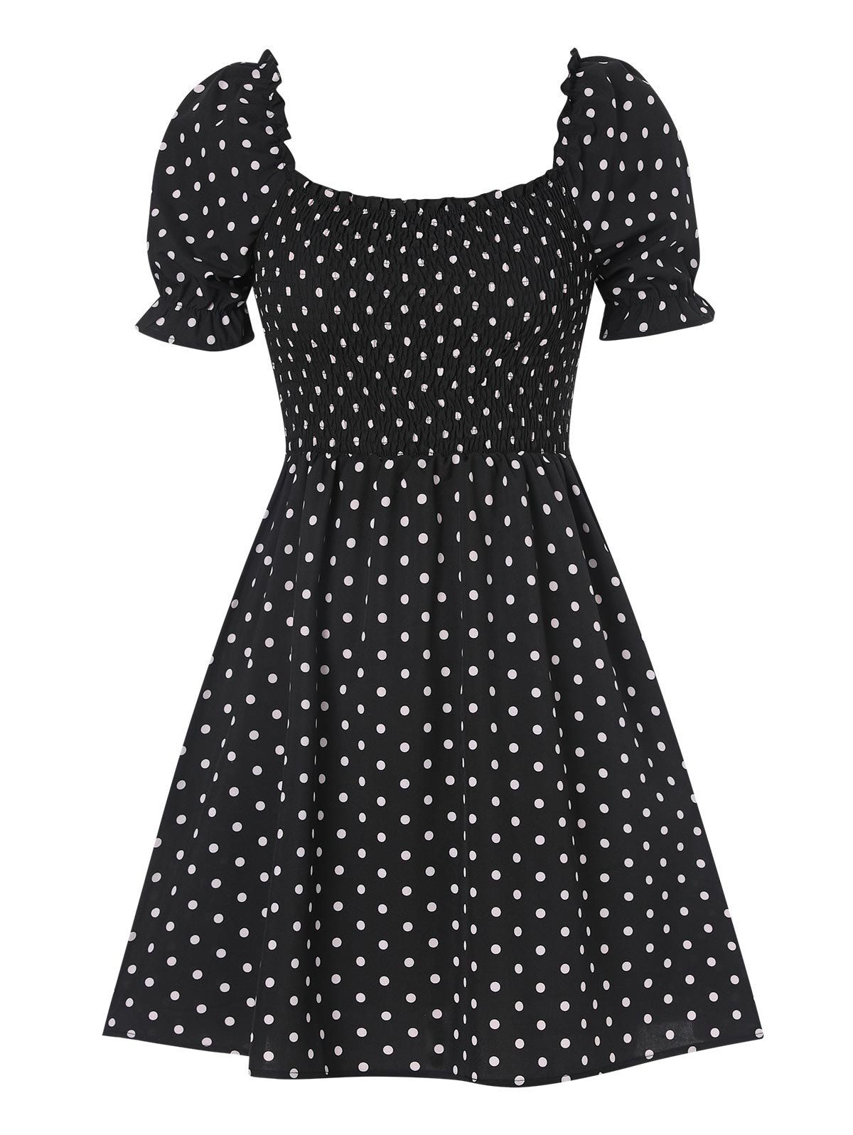 Vintage Dress Polka Dots Print Mini Dress Ruffled Puff Sleeve Square Neck Dress - BLACK L