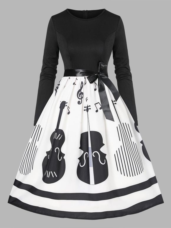 Robe Vintage à Imprimé Violon et Note Musicale à Manches Longues - Noir 2XL