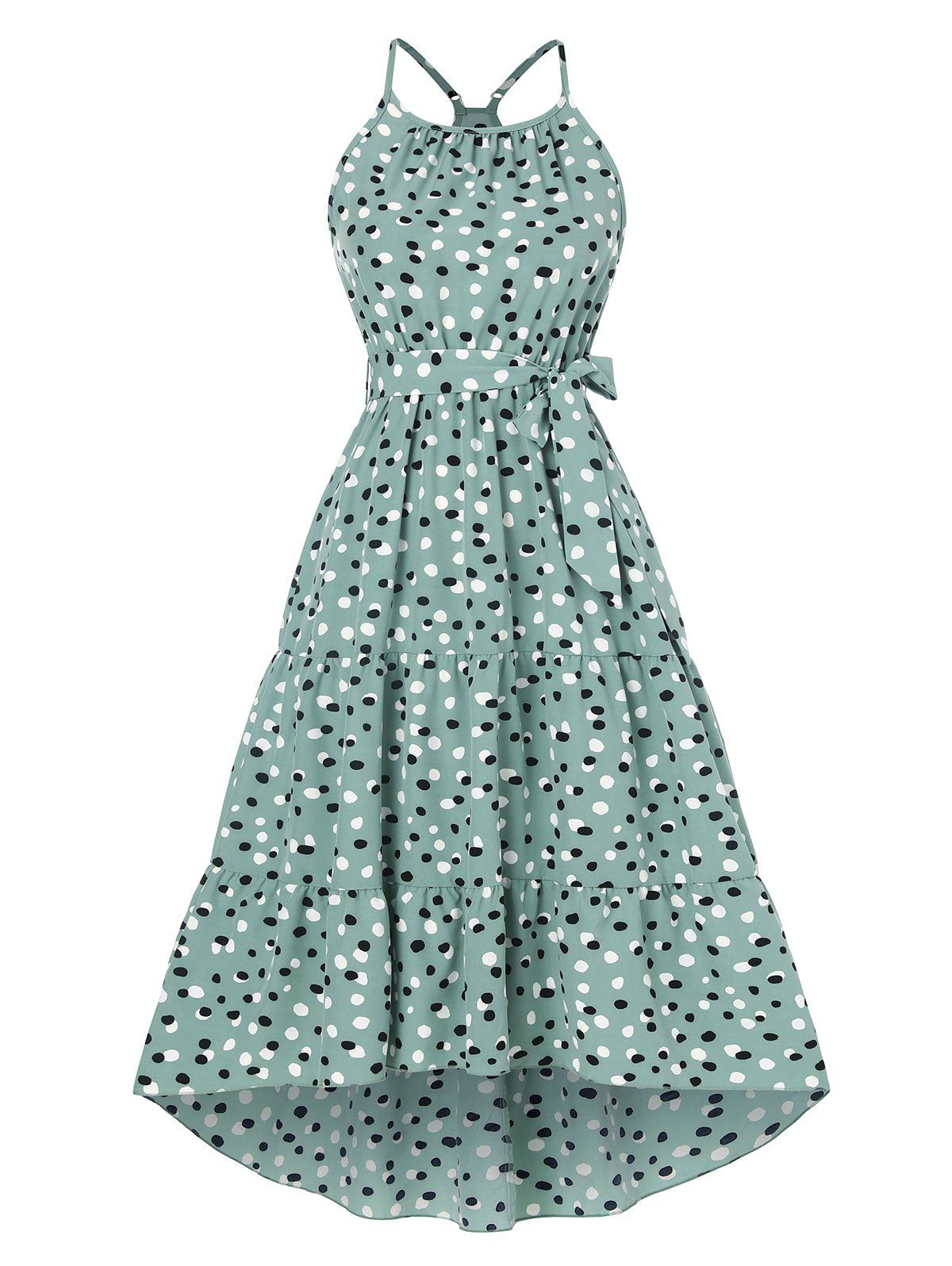 Contrast Dots Belted Tiered Midi Dress - LIGHT GREEN XL