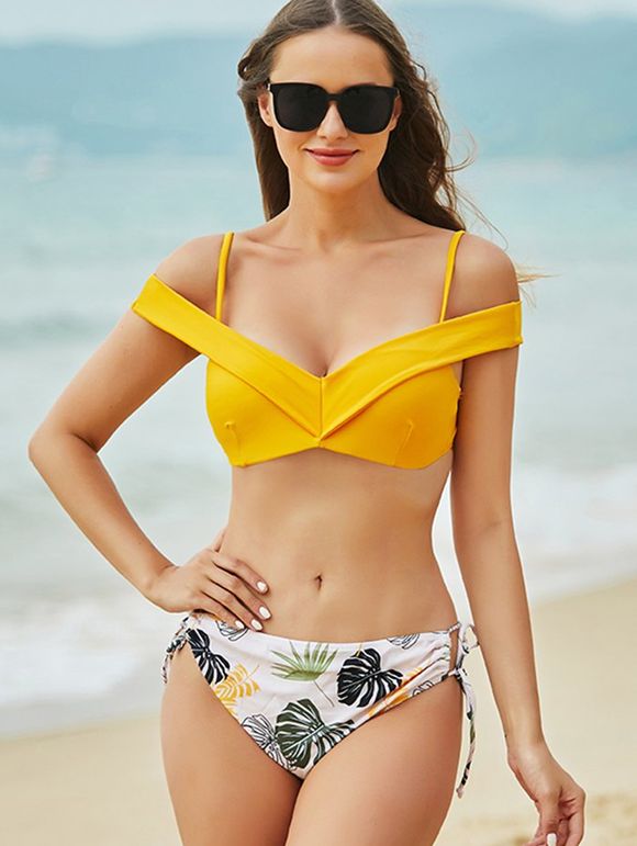 Maillot de Bain Bikini Noué Réversible à Imprimé Feuille à Epaule Ouverte - Jaune XL