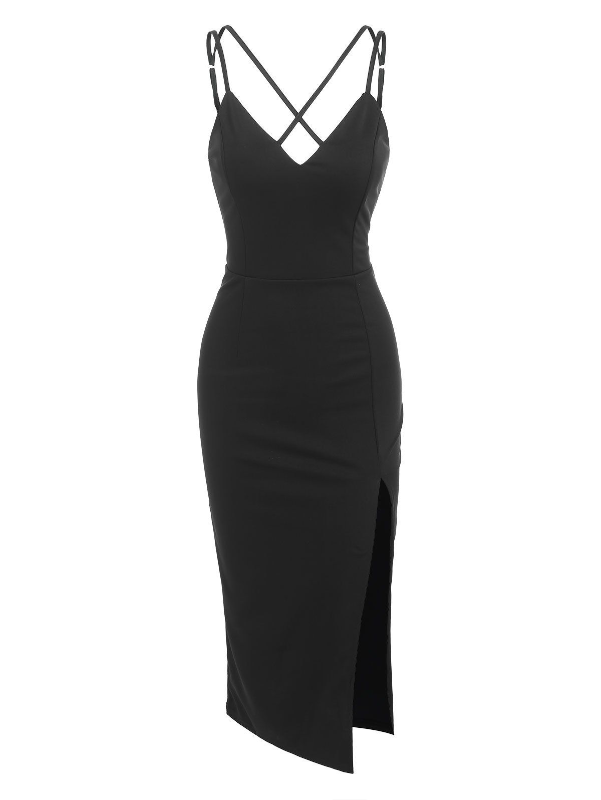 Strappy Crossover Corset Style High Slit Bodycon Party Dress - BLACK L