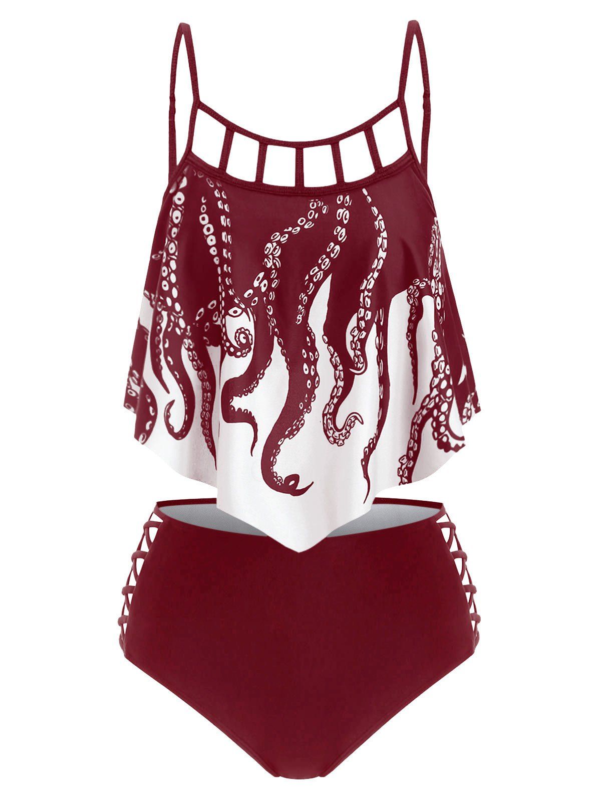 Tummy Control Swimsuit Gothic Bathing Suit Octopus Print Cut Out Crisscross Summer Beach Tankini Swimwear - RED WINE L