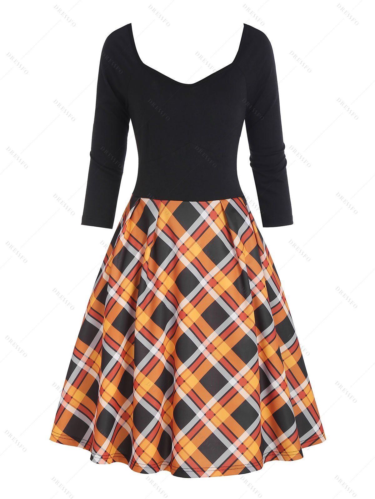 Plaid Raglan Sleeve Sweetheart Dress - multicolor XL