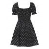 Vintage Dress Polka Dots Print Mini Dress Ruffled Puff Sleeve Square Neck Dress - BLACK M
