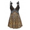 Flower Applique Lace Insert Leopard Bowknot Lingerie Dress - multicolor XXL