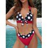 Vacation Swimsuit Polka Dot Bowknot Halter High Leg Bikini Swimwear - RED S