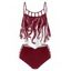 Maillot de Bain Tankini Croisé Gainant Découpé à Imprimé Pieuvre en Treillis à Volants de Plage - Rouge Vineux M