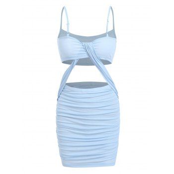 

Spaghetti Strap Cut Out Ruched Bodycon Dress, Light blue