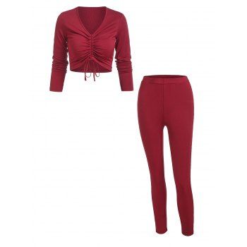 

Cinched Crop Top and High Rise Skinny Leggings Set, Deep red