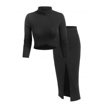 

Ribbed Overlap Cropped Sweater and Slit Front Midi Skirt, Black