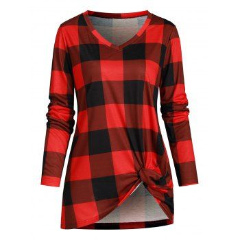 

Checkered V Neck Twisted T Shirt, Red