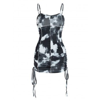 

Tie Dye Print Bodycon Dress Cinched Tie Mini Dress Spaghetti Strap Cami Dress Backless Topstitching Party Dress, Black