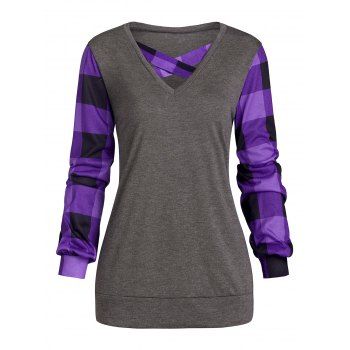 

Checkered Criss Cross V Neck T Shirt, Purple