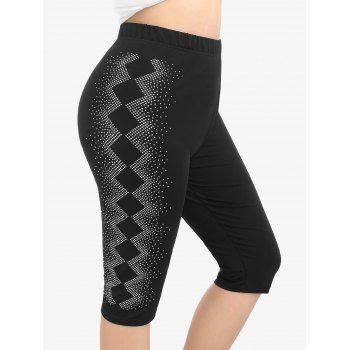 

Plus Size High Rise Rhinestone Print Knee Length Leggings, Black