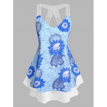 

Plus Size Floral Print Flared Layered Tank Top, Light blue