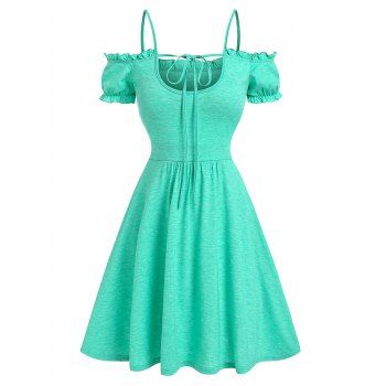 

Cold Shoulder Mini Dress Ruffled Puff Sleeve Cutout Frilled Tie A Line Dress, Light green