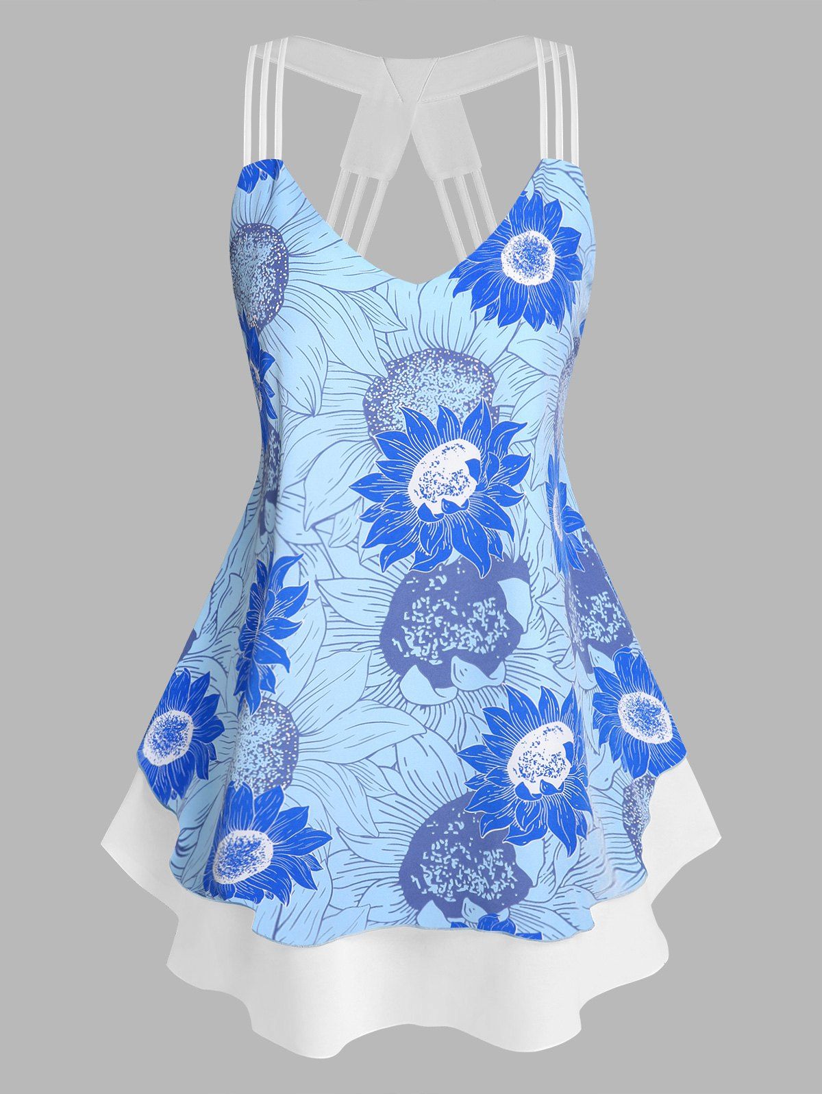 Plus Size Floral Print Flared Layered Tank Top - LIGHT BLUE 3X