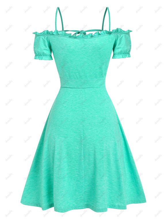 Robe d'Eté Evasée en Ligne A à Epaule Dénudée à Manches Bouffantes à Volants en Ligne A - Vert clair XXL