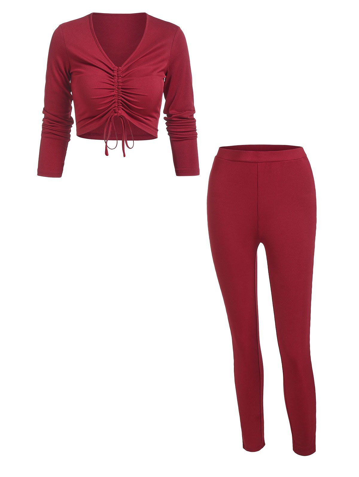 Cinched Crop Top and High Rise Skinny Leggings Set - DEEP RED L