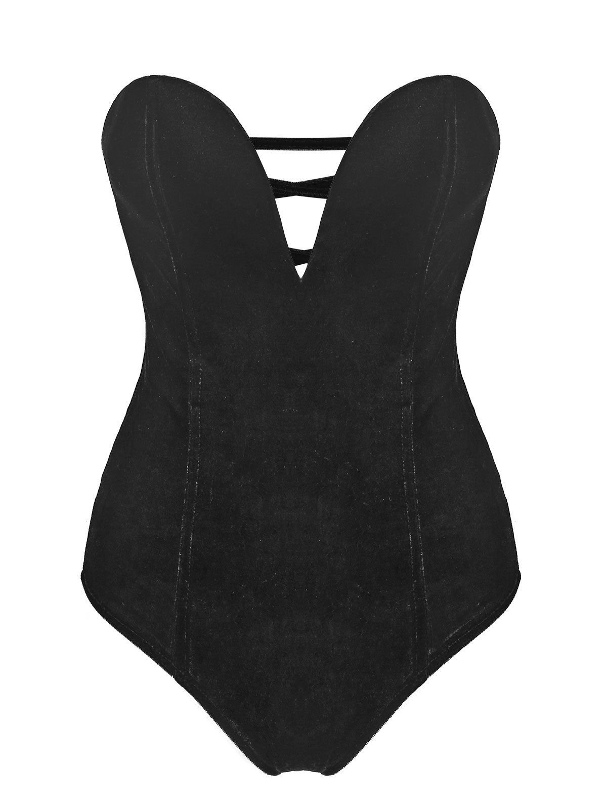 Strapless Corset Style Lace-up Velour Bodysuit - BLACK M