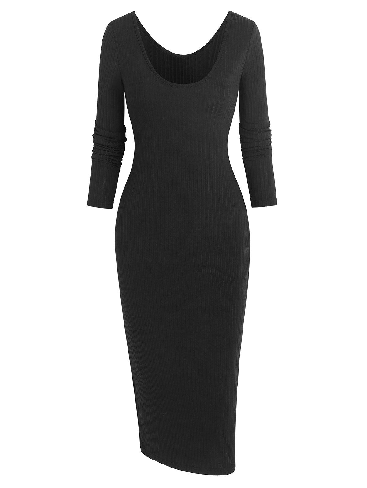 Long Sleeve Ribbed Bodycon Sweater Dress - BLACK XL