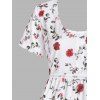 Floral Print Mock Button Crochet Insert Flounce Dress - WHITE L