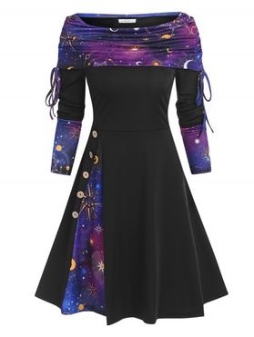 Cinched Off The Shoulder 3D Galaxy Print Dress