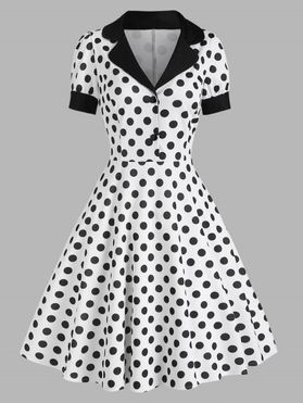Vintage Polka Dot Mock Button Lapel A Line Dress