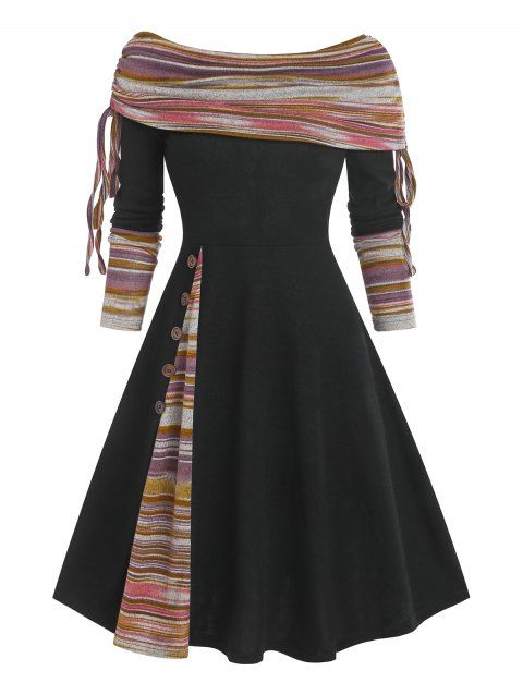 Convertible Neck Cinched Striped Flare A Line Dress