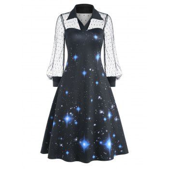 

Vintage Galaxy Print Sheer Lace Lantern Sleeve Retro A Line Dress, Black