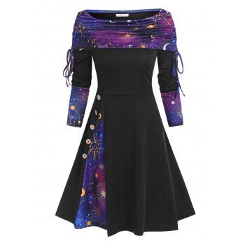 

Cinched Off The Shoulder 3D Galaxy Print Dress, Concord