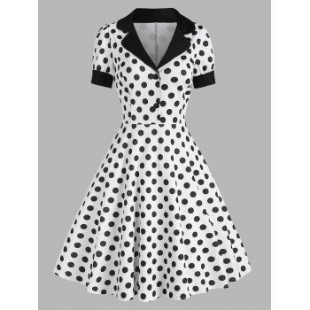 

Vintage Polka Dot Mock Button Lapel A Line Dress, Black