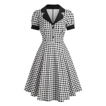 

Vintage Plaid Mock Button Lapel A Line Dress, Black