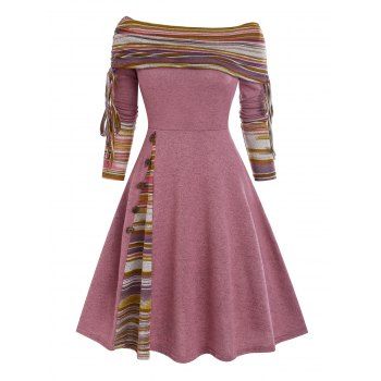 

Convertible Neck Cinched Striped Flare Dress, Light pink