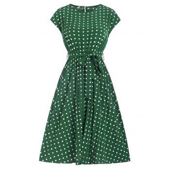 

Polka Dot Cap Sleeve Pleated Belted Dress, Deep green