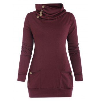 

Mock Button Pocket Cowl Neck T Shirt, Deep red