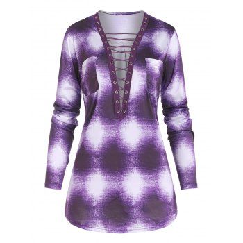 

Plaid Lace Up Pocket T Shirt, Purple