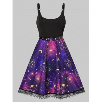 Galaxy Moon Sun Star Print Lace Hem Contrast Cami Flare Dress