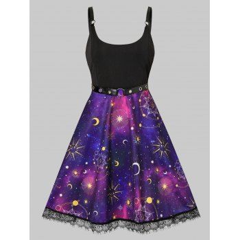 

Galaxy Moon Sun Star Print Lace Hem Contrast Cami Flare Dress, Purple