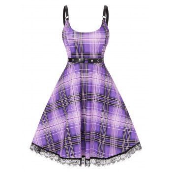 

Plaid Lace Insert Grommet Belt Dress, Purple
