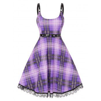 

Summer Plaid Lace Insert Grommet Belt Dress, Purple