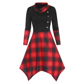 

Plaid Mock Button Handkerchief Dress, Red