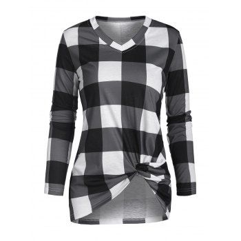 

Checkered V Neck Twisted T Shirt, Black