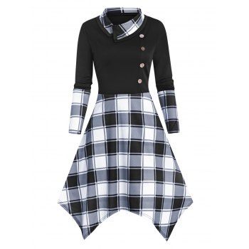 

Plaid Mock Button Handkerchief Dress, Black